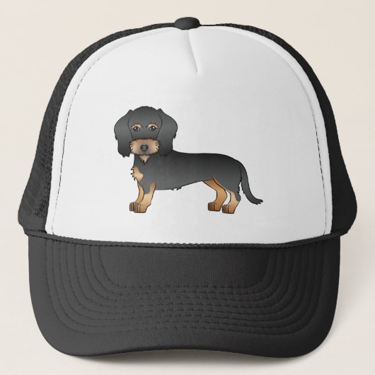 Cartoon-Hund mit Dackel aus Schwarz und Tan Wire Truckerkappe (Vorderseite)