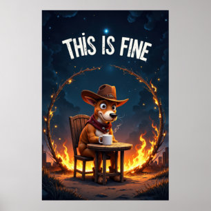 Cartoon-Hund sitzt am Tisch mit Kaffee umgeben Poster