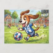 Cartoon-Hund spielt Fußball Feiertagspostkarte (Vorderseite)