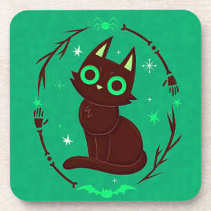 Cartoon Illustration eines Schwarzen Katzen Hallow Getränkeuntersetzer