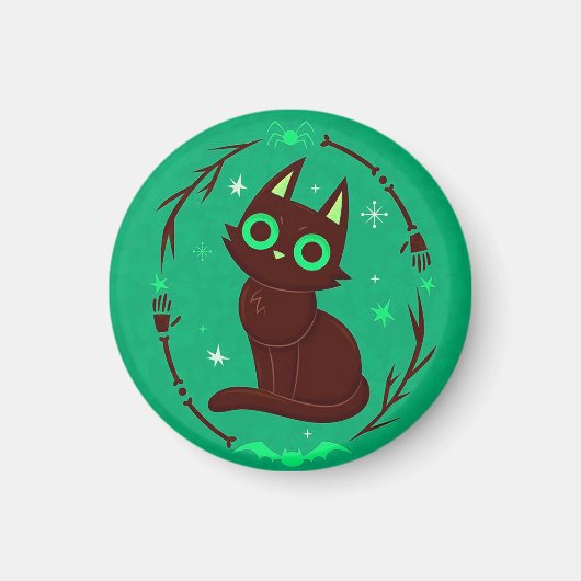 Cartoon Illustration eines Schwarzen Katzen Hallow Magnet (Vorne)