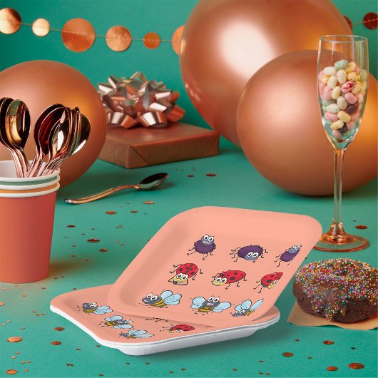 Cartoon Insekten Funny Bees Ladybugs Spiders Pappteller