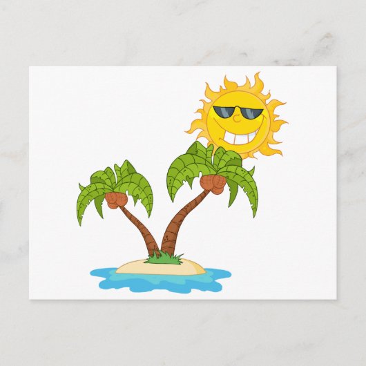 - Cartoon-Insel mit zwei Palme und Cartoon Sun Postkarte (Vorderseite)