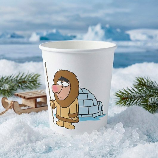 Cartoon Inuit Eskimo with Spear and Igloo Pappbecher