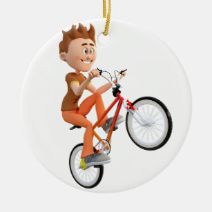 Cartoon-Junge auf dem Fahrrad, das einen Wheelie Keramikornament