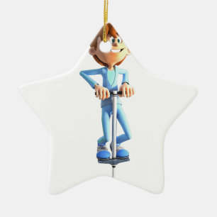 Cartoon-Junge auf einem Pogo Stock Keramik Ornament