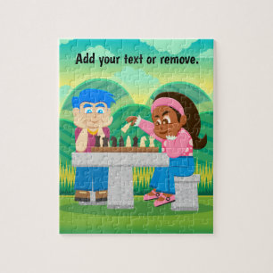 Cartoon, Junge und Schwarze, die im Freien Schach  Puzzle