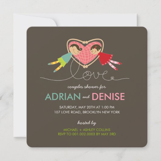 Cartoon-Jungen-Mädchen-Liebe-Herz verbindet Einladung (Vorderseite)