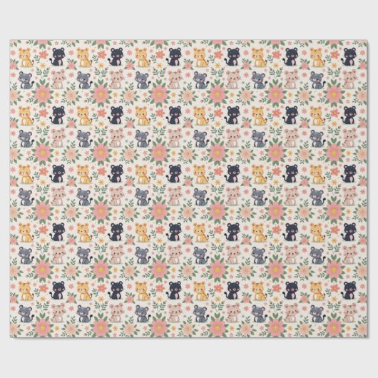 Cartoon Jungle Cats and Flowers Geschenkpapier (Flach)
