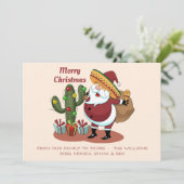 Cartoon Kakteen und Weihnachtsmann mit einem Sombr Einladung (Stehend Vorderseite)