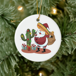 Cartoon Kakteen und Weihnachtsmann mit einem Sombr Keramik Ornament