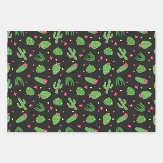 Cartoon Kaktus mit Blume auf schwarzem Hintergrund Geschenkpapier Set (Vorderseite)