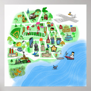 Cartoon-Karte einer imaginären Hafenstadt Poster