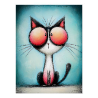 Cartoon Katze mit riesigen roten Augen Poster