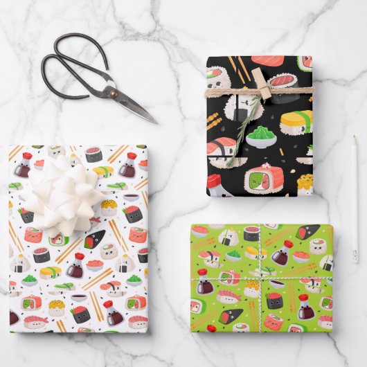 Cartoon kawaii sushi Emoji face Geschenkpapier Set (Vorderseite)