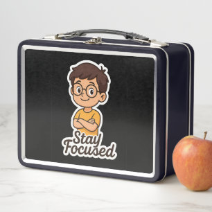 Cartoon Kid Sticker mit Brille - "Bleibe Fokussier Metall Brotdose