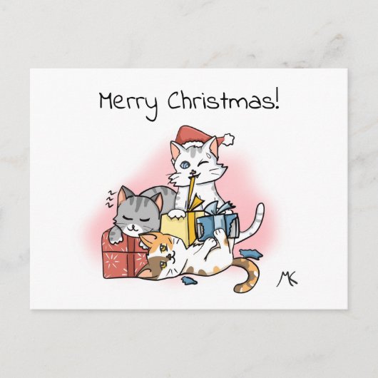 Cartoon Kittens entpacken Weihnachtsgeschenke Feiertagspostkarte (Vorderseite)