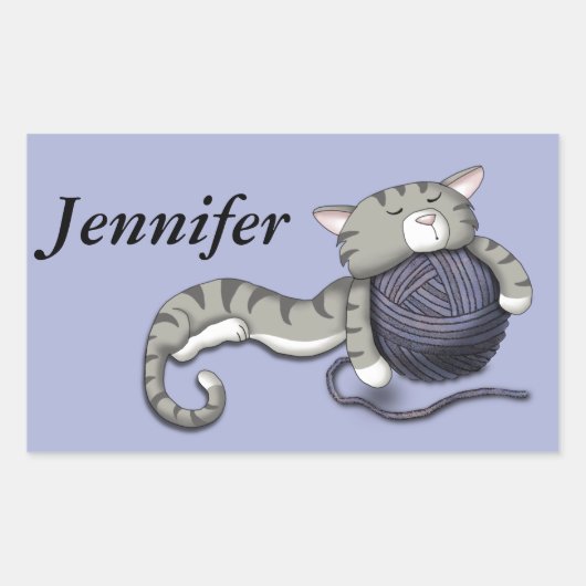 Cartoon Kitty mit Garnkugel Rechteckiger Aufkleber (Vorderseite)