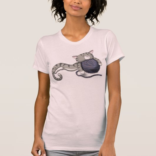 Cartoon Kitty mit Garnkugel T-Shirt (Vorderseite)