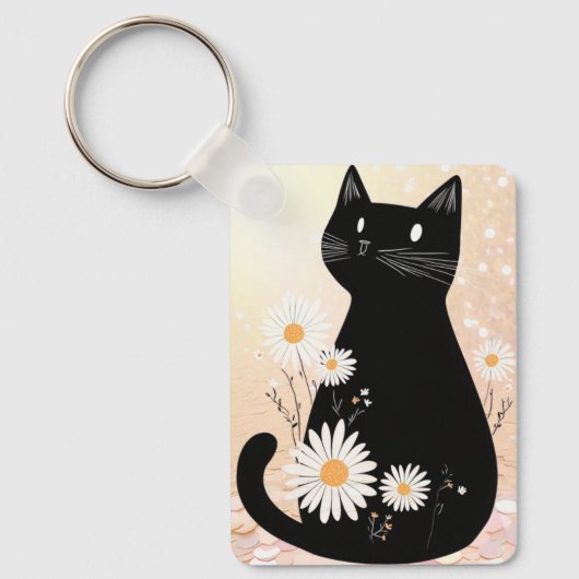 Cartoon Kitty with the Daisies Keychain Schlüsselanhänger (Vorderseite)