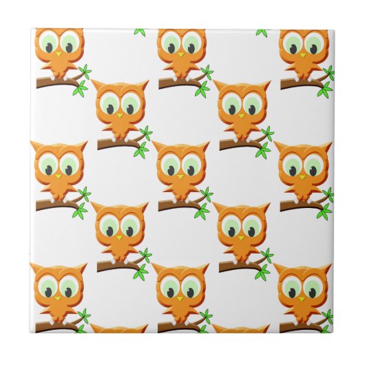 Cartoon Kleine Owl auf Zweigmuster Fliese (Vorderseite)