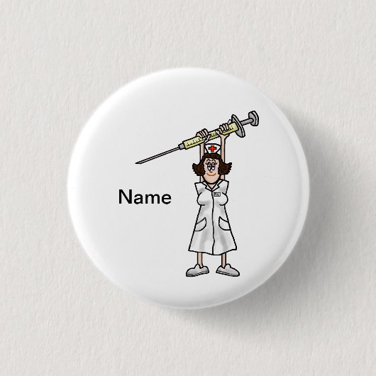 Cartoon-Krankenschwester, die Spritze über ihrem Button (Vorderseite)