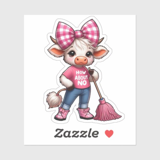 Cartoon Kuh in rosa Outfit mit Gingham Bow Aufkleber (Blatt)