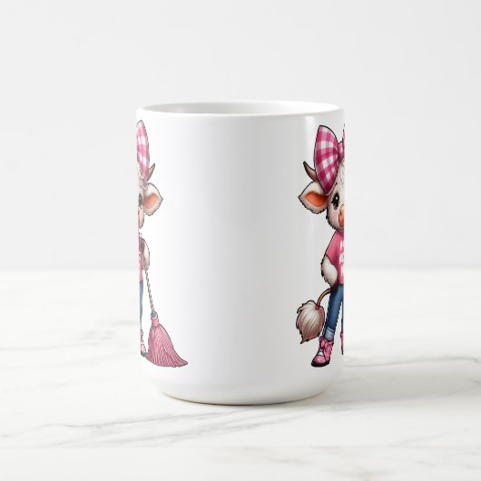 Cartoon Kuh in rosa Outfit mit Gingham Bow Kaffeetasse (Mittel)
