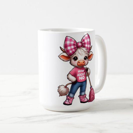 Cartoon Kuh in rosa Outfit mit Gingham Bow Kaffeetasse (VorderseiteRechts)