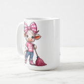 Cartoon Kuh in rosa Outfit mit Gingham Bow Kaffeetasse (Vorderseite Links)