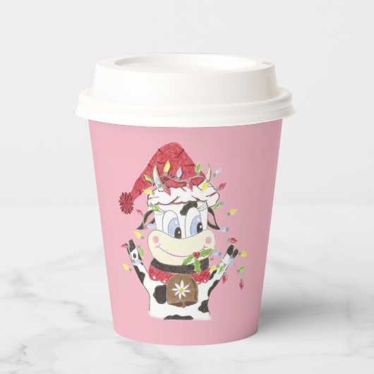 Cartoon Kuh in Weihnachtsbeleuchtung Papier Tups Pappbecher (Vorderseite)
