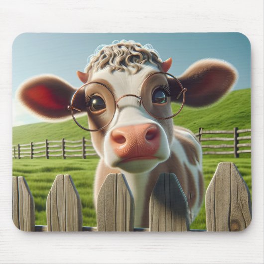 Cartoon Kuh mit Brille Mousepad (Vorne)