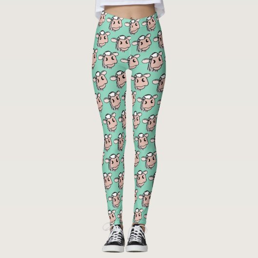 Cartoon Kuh Schwarz-weiß rosa Kuss graues Nutztier Leggings (Vorderseite)