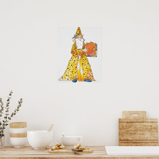 Cartoon, Lächelender Zauberer mit langem weißem Ba Poster (Küche)