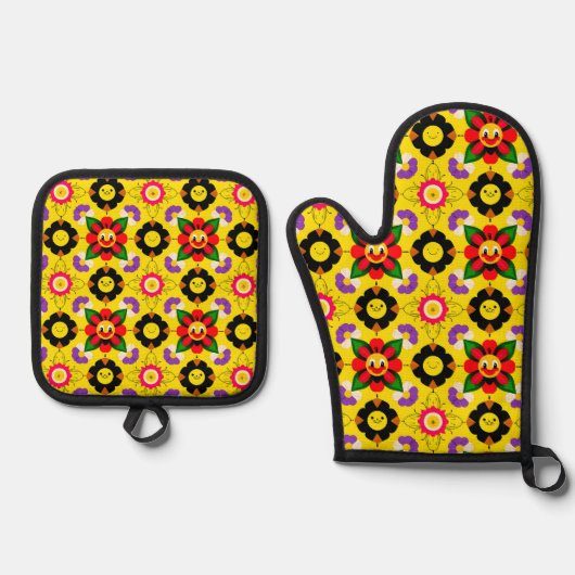 Cartoon lächelnd Blume und Bienen Ofenhandschuh & Topflappen-Set (Vorderseite)