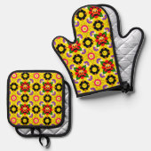 Cartoon lächelnd Blume und Bienen Ofenhandschuh & Topflappen-Set (Vorderseite/Rückseite)