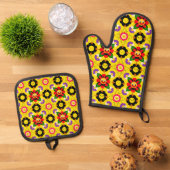 Cartoon lächelnd Blume und Bienen Ofenhandschuh & Topflappen-Set (Oben Unten)