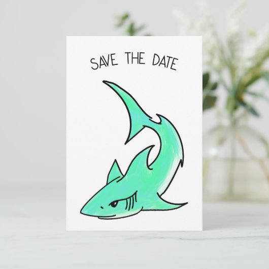 Cartoon lächelnd Hai Minze blaugrünes Ozeantier Save The Date (Stehend Vorderseite)
