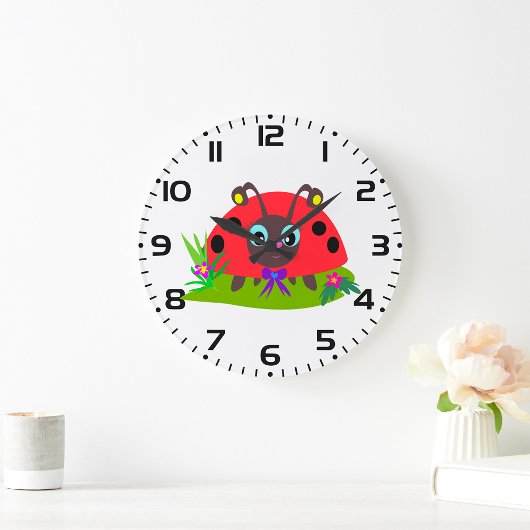 Cartoon Ladybug Bow und Blume Große Wanduhr
