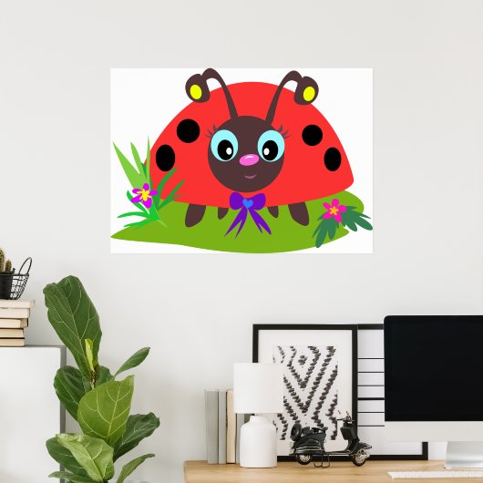 Cartoon Ladybug Bow und Blume Poster (Heimbüro)