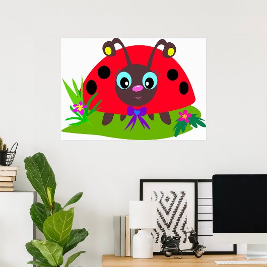 Cartoon Ladybug Bow und Blume Poster