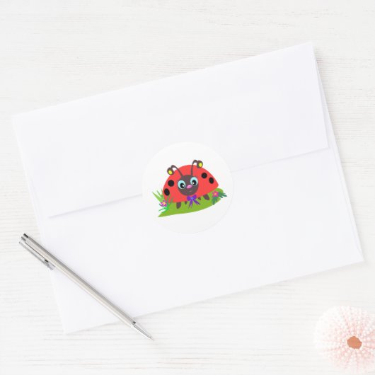Cartoon Ladybug Bow und Blume Runder Aufkleber (Umschlag)