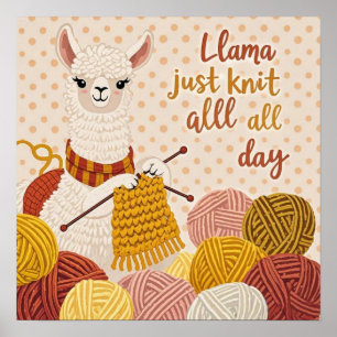 Cartoon Lama mit einem Strick Poster