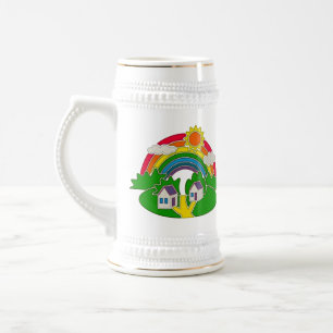 Cartoon Landschaft mit Regenbogen und Landhaus Bierglas