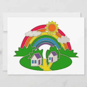 Cartoon Landschaft mit Regenbogen und Landhaus Feiertagskarte