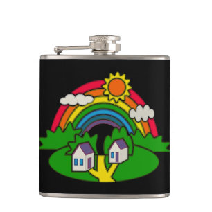 Cartoon Landschaft mit Regenbogen und Landhaus Flachmann
