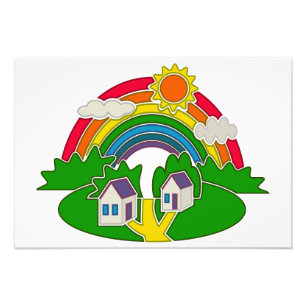 Cartoon Landschaft mit Regenbogen und Landhaus Fotodruck