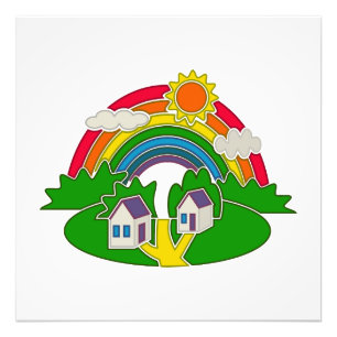 Cartoon Landschaft mit Regenbogen und Landhaus Fotodruck