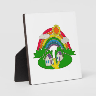 Cartoon Landschaft mit Regenbogen und Landhaus Fotoplatte