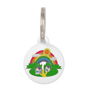 Cartoon Landschaft mit Regenbogen und Landhaus Haustiermarke